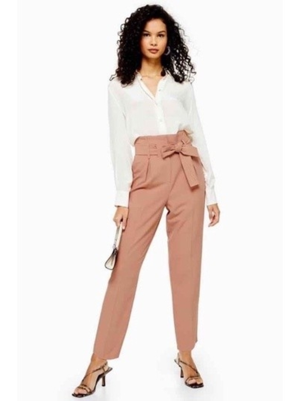 Topshop Terri Paperbag High-Waist Straight Trousers with Self-Tie Rose Taupe 6